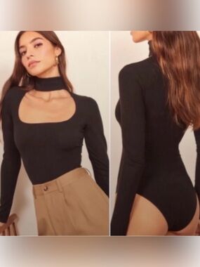 NWT Reformation Women's Long Sleeve Mock Neck Cutout Bodysuit ribbed- Small